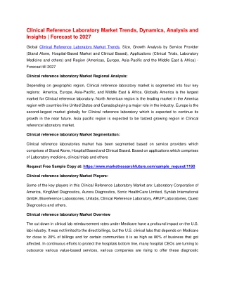 Clinical Reference Laboratory Market Trends, Dynamics, Analysis and Insights, Forecast to 2027