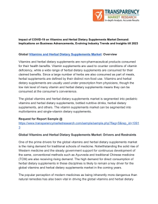 Vitamins and Herbal Dietary Supplements Market Demand, Scenario, Business Opportunities and Regional Outlook 2023