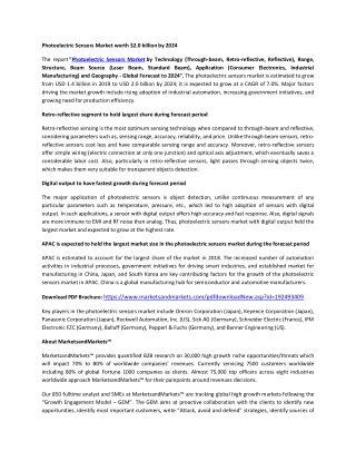 Photoelectric Sensors Market Size, Growth, Trend and Forecast to 2024 | MarketsandMarkets