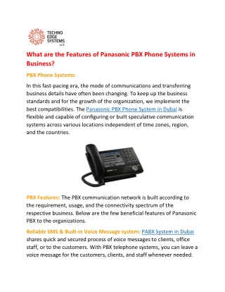 What are the Features of Panasonic PBX Phone Systems in Business?