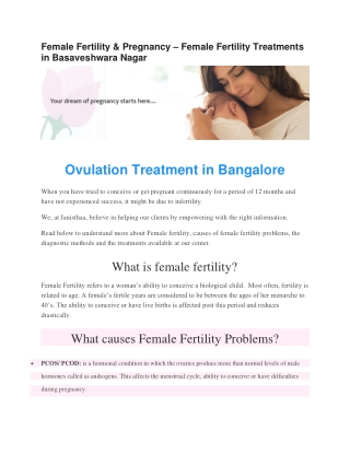 Female Fertility & Pregnancy – Female Fertility Treatments in Basaveshwara Nagar