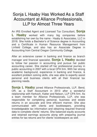 Sonja L Haaby Has Worked As a Staff Accountant at Alliance Professionals, LLP for Almost Three Years