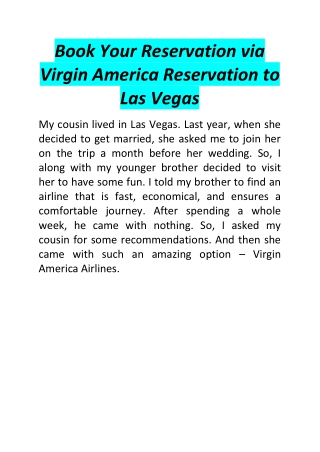 Book Your Reservation via Virgin America Reservation to Las Vegas