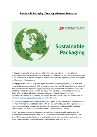 Sustainable Packaging: Creating a Greener tomorrow