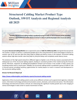 Structured Cabling Market Product Type Outlook, SWOT Analysis and Regional Analysis till 2025