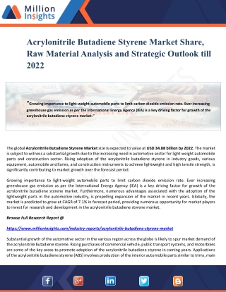 Acrylonitrile Butadiene Styrene Market Share, Raw Material Analysis and Strategic Outlook till 2022
