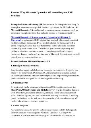 Reasons Why Microsoft Dynamics 365 should be your ERP Solution