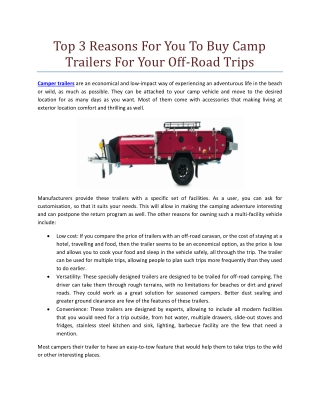 Top 3 Reasons For You To Buy Camp Trailers For Your Off-Road Trips