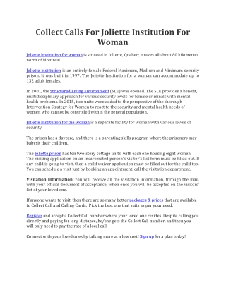 Joliette Women's Institution- Connect Through Collect Call Number