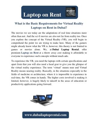 What is the Basic Requirements for Virtual Reality Laptops on Rent in Dubai?