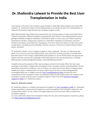 Dr. Shailendra Lalwani to Provide the Best Liver Transplantation in India