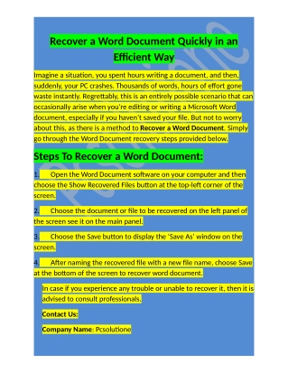 Call 1-888-295-0245 How To Recover a Word Document easily