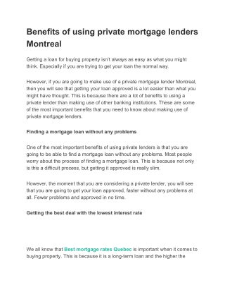 private mortgage lenders Montreal