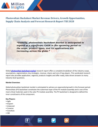 Photovoltaic Backsheet Market Future Scope, Major Growth Drivers and Development Opportunity