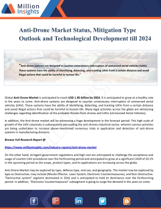 Anti-Drone Market Status, Mitigation Type Outlook and Technological Development till 2024