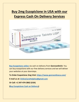 Buy 2mg Eszopiclone with our Express Cash On Delivery Services