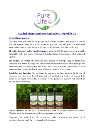 Alcohol Hand Sanitiser And Safety - Purelife Uk