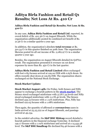 Aditya Birla Fashion and Retail Q1 Results; Net Loss At Rs. 410 Cr