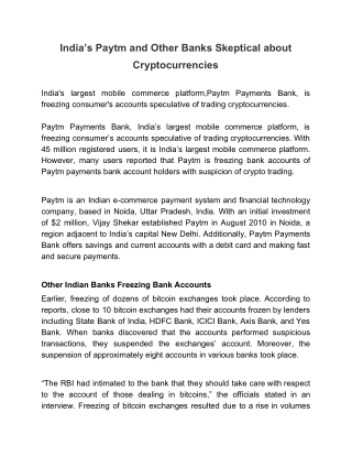 India’s Paytm and Other Banks Skeptical about Cryptocurrencies