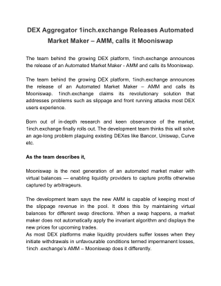 DEX Aggregator 1inch.exchange Releases Automated Market Maker – AMM, Calls It Mooniswap