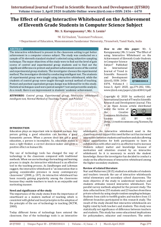 The Effect of using Interactive Whiteboard on the Achievement of Eleventh Grade Students in Computer Science Subject