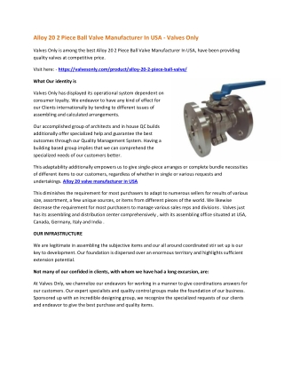 Alloy 20 2 Piece Ball Valve Manufacturer In USA - Valves Only