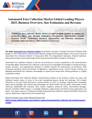 Automated Fare Collection Market 2020 Driving Factors, Industry Growth, Key Vendors And Forecasts To 2025