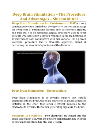 Deep Brain Stimulation – The Procedure And Advantages - Dr. Shivam Mittal