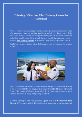 Thinking Of Getting Pilot Training Course In Australia