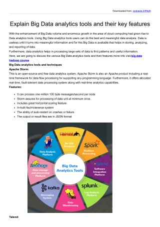 Explain Big Data analytics tools and their key features