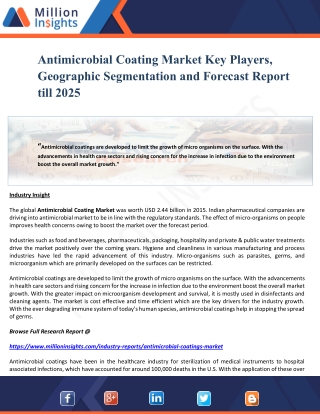 Antimicrobial Coating Market Key Players, Geographic Segmentation and Forecast Report till 2025
