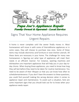 Signs That Your Home Appliance Requires Urgent Repairs