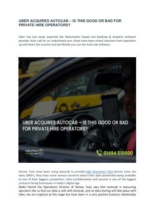 UBER ACQUIRES AUTOCAB – IS THIS GOOD OR BAD FOR PRIVATE HIRE OPERATORS?
