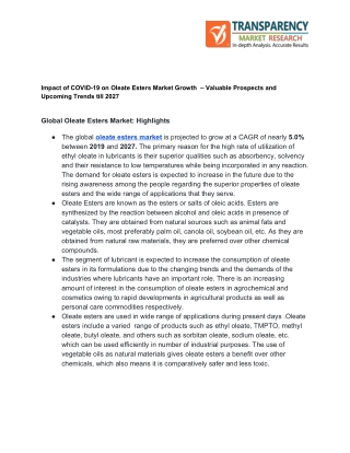 Oleate Esters Market Growth, Demand Status with Industry Trends till 2027