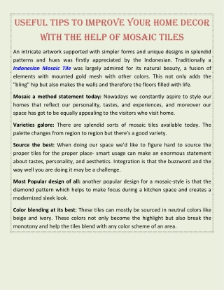 Useful Tips To Improve Your Home Decor With The Help Of Mosaic Tiles