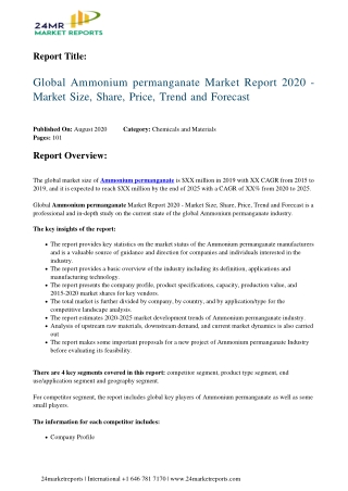 Ammonium Permanganate Market Report 2020 - Market Size, Share, Price, Trend and Forecast