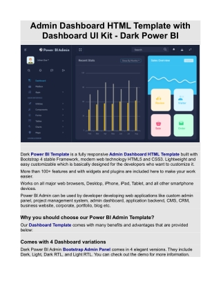 Admin Dashboard HTML Template with Dashboard UI Kit – Dark Power BI