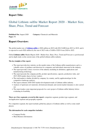 Lithium Sulfite Market Report 2020 - Market Size, Share, Price, Trend and Forecast