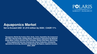 Aquaponics Market By Product (Fish, Herbs, Fruits, Vegetables) By Component (Bio Filter, Rearing tanks, Settling Basins,