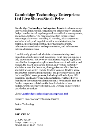 Cambridge Technology Enterprises Ltd Live Share/Stock Price