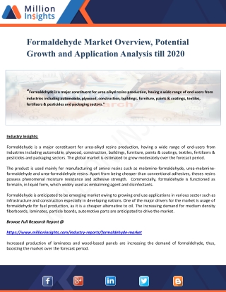 Formaldehyde Market Overview, Potential Growth and Application Analysis till 2020