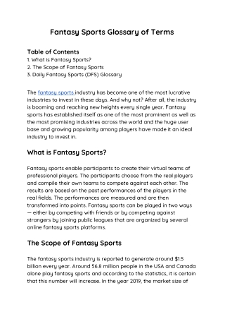 Fantasy Sports Glossary of Terms