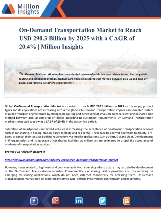On-Demand Transportation Market to Reach USD 290.3 Billion by 2025 with a CAGR of 20.4% | Million Insights