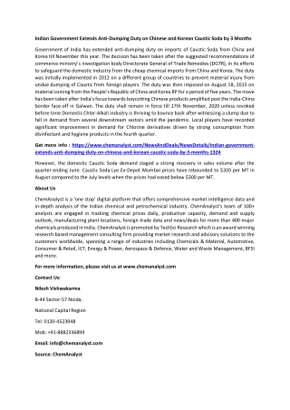 Indian Government Extends Anti-Dumping Duty on Chinese and Korean Caustic Soda by 3 Months