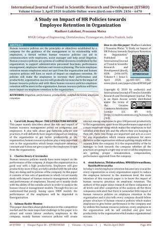 A Study on Impact of HR Policies towards Employee Retention in Organization