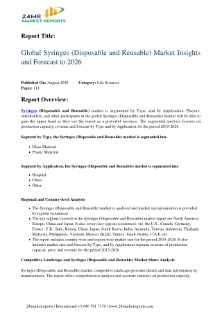 Syringes (Disposable and Reusable) Market Insights and Forecast to 2026