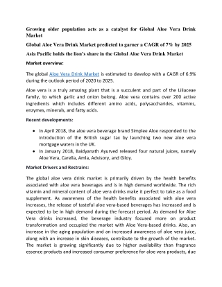 Global Aloe Vera Drink Market predicted to garner a CAGR of 7% by 2025