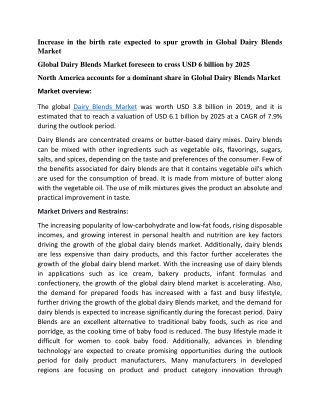 Increase in the birth rate expected to spur growth in Global Dairy Blends Market