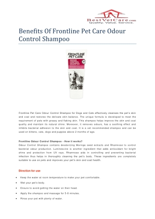 Benefits Of Frontline Pet Care Odour Control Shampoo- BestVetCare