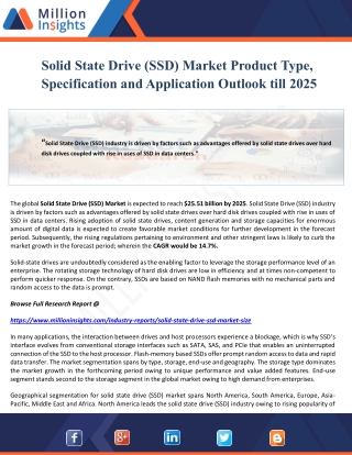 Solid State Drive (SSD) Market Product Type, Specification and Application Outlook till 2025